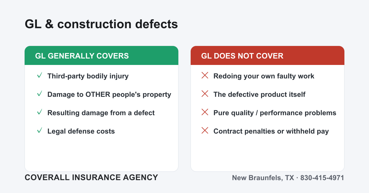 Chart showing general liability covers third-party injury and damage to other property, but not the cost to redo your own defective work or the faulty product itself.