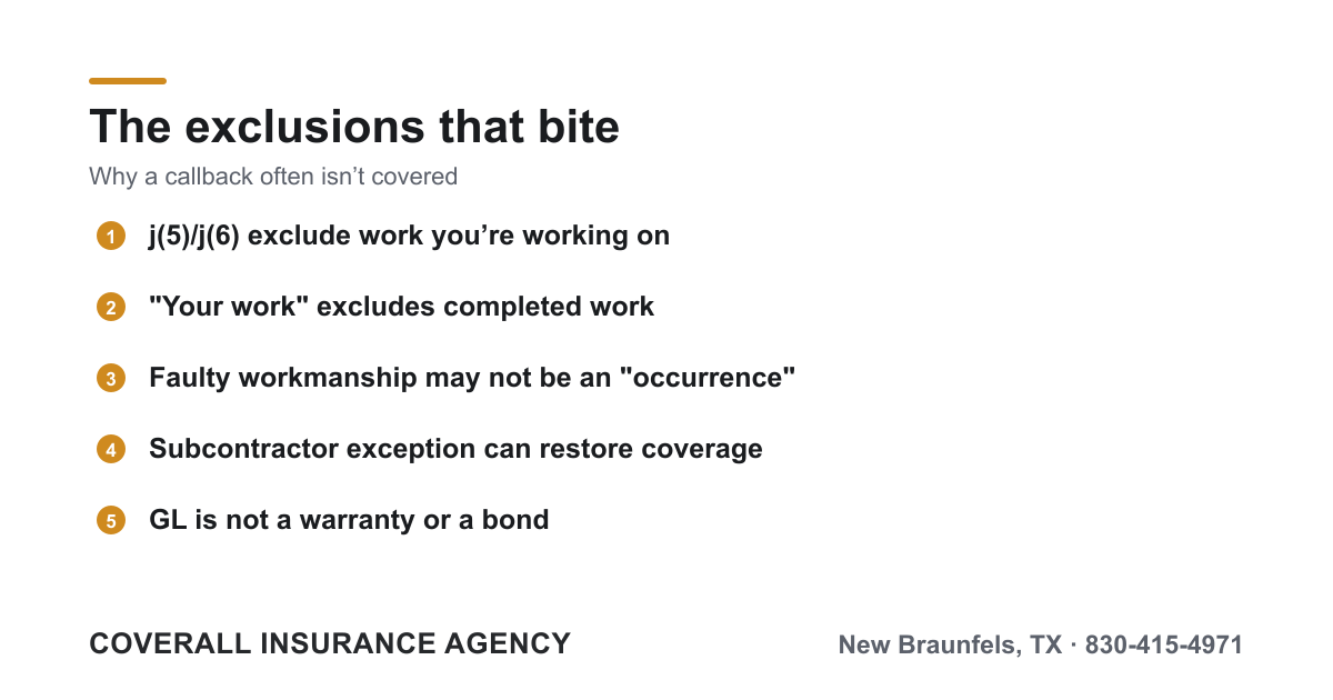 Explanation of the your-work exclusion and the subcontractor exception in general liability policies, plus the occurrence debate for faulty workmanship.