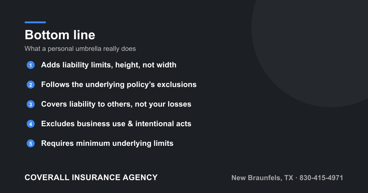 Key takeaways that an umbrella adds liability limits, follows the underlying policy, covers liability to others not your own losses, and requires minimum underlying limits.