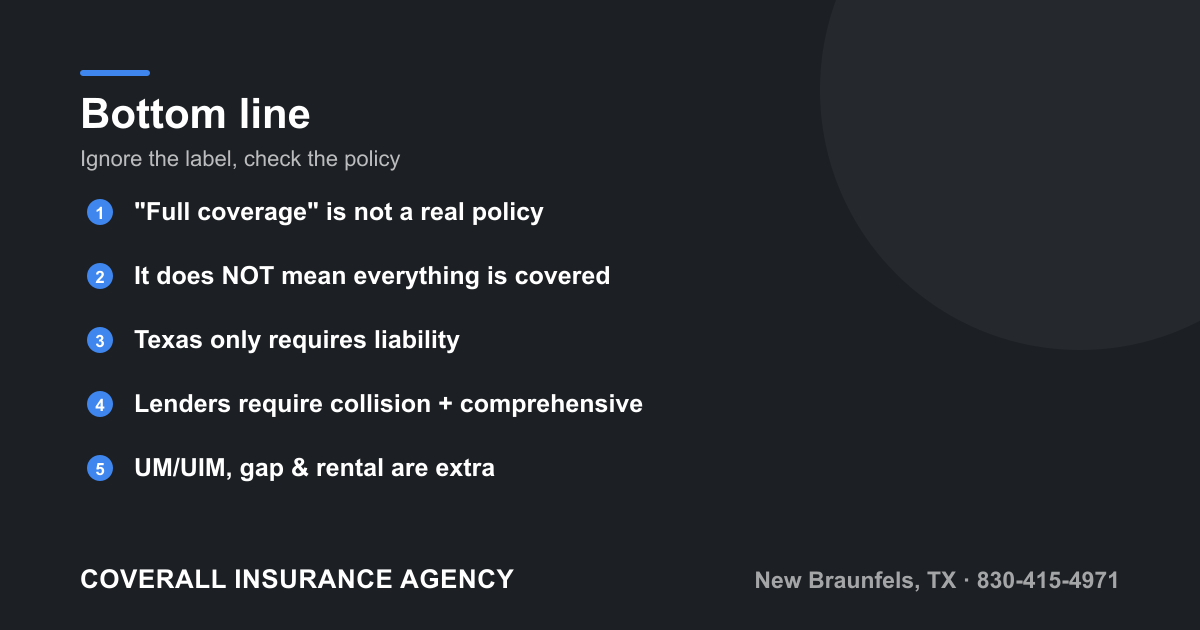 Key takeaways that full coverage is marketing shorthand, does not mean everything is covered, and omits important add-ons like UM/UIM and gap insurance.